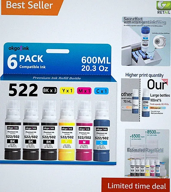 Colorfast T522 Ink Refill 6-Pack - Exceptional Quality for High Volume Printing