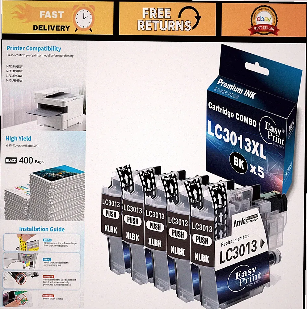 High-Yield Black Ink Cartridges Compatible with Brother LC3013/LC3011 - 5 Pack